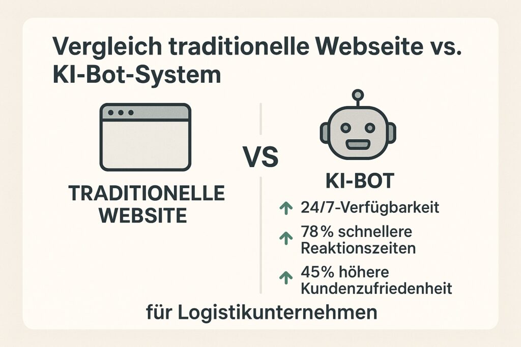 KI Bot System Vorteile für Logistik: Vergleichsinfografik zeigt 78% schnellere Reaktionszeiten, 24/7 Verfügbarkeit und 45% höhere Kundenzufriedenheit vs. traditionelle Webseite